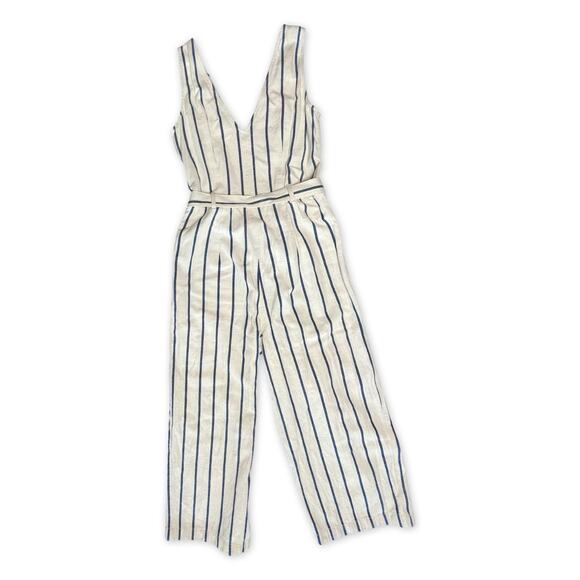 Madewell Y2K Wide Leg Jumpsuit S Vintage Pinstripe Linen Blend Belted - Picture 5 of 12